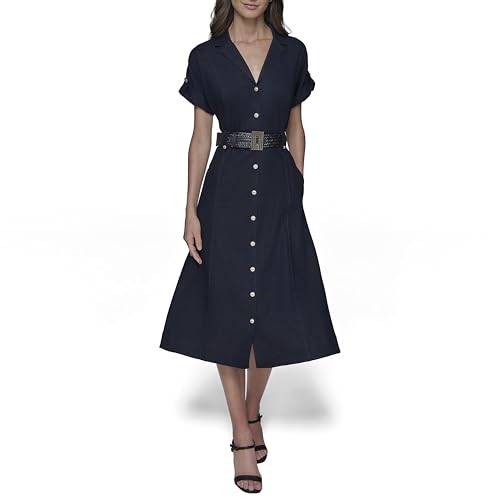KARL LAGERFELD Women's Light Collared Short Sleeve Midi Dress