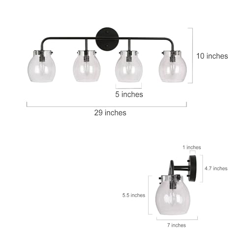 Image of KSANA Black Bathroom Light Fixtures, 4 Light Matte Black Vanity Lights for Bathroom with Seeded Glass Globe, 29 inch Modern Farmhouse Bathroom Lights Over Mirror