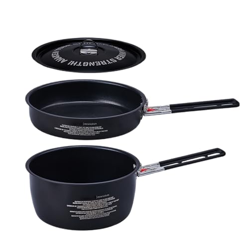 Juego Cocina Camping (2L Olla + 1.2L Sartén, 550g) - Mango Desmontable & Apilable para Mochila - Vajilla Exterior Familia para Senderismo, Playa & Caza