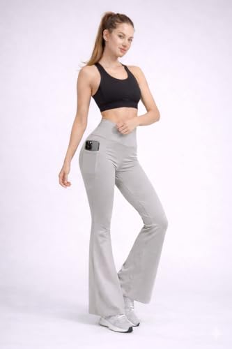 Image of Women's High Waist Bootcut Yoga Pants with Side Pockets | Flared Gym Leggings for Women | Stretchable Workout Bell Bottom Tights for Yoga, Gym, Running & Casual Wear Pack of 2