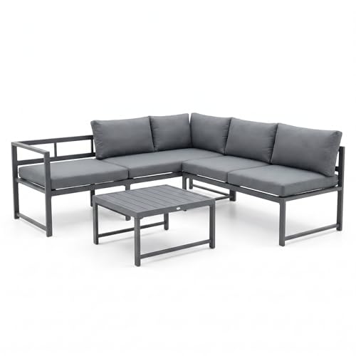 LORVIK Conjunto de jardín sofá esquinero Modular 3 Piezas Aluminio Antracita 192 × 120 × 63 cm – Cojines Alta Densidad, Tejido Impermeable, Mesa 59 × 59 cm, terraza y Exterior