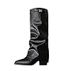 Womens Fold Over Knee High Boots Pointed Toe Chunky Block Heel Platform Long Boots Wide Calf Slouchy Pull On Dress Tall Booties Riding Biker Boot Shoes Fall Winter Footwear Black