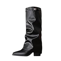 Womens Fold Over Knee High Boots Pointed Toe Chunky Block Heel Platform Long Boots Wide Calf Slouchy Pull On Dress Tall Booties Riding Biker Boot Shoes Fall Winter Footwear Black