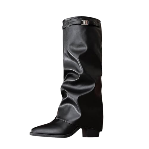 Generisch Botas de mujer de pantorrilla media, botas de punta a la rodilla con correa de hebilla, botines de cuero cómodos para traje casual otoño-invierno, Negro , 39 EU