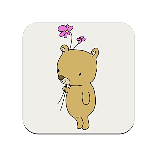 Untersetzer aus Kork – Bär, Blumen, Blumenstrauß, Malerei für Kinder, niedliches Zeichnen, 1 Stück (95 x 95 mm)