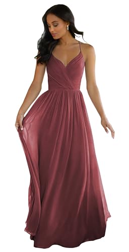 Image of LANGKAAO Women's V Neck Bridesmaid Dresses Long for Wedding A-Line Chiffon Open Back Formal Gown with Pockets