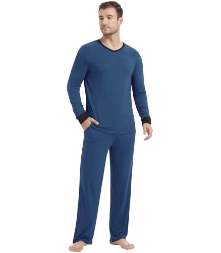 Image of NACHILA Pajamas for Men-Viscose Made from Bamboo, Long Sleeve Pajamas Set Comfy Sleepwear Pants Soft V Neck Pjs with Pockets