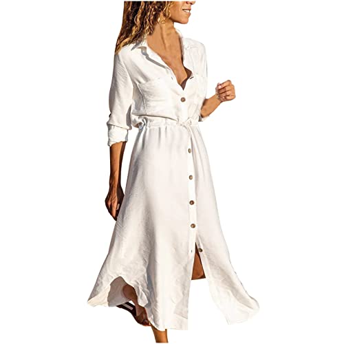 TRIGLICOLEUM Baumwolle Leinen Sommerkleid Damen Blusenkleid Revers Hemdkleid Langarm Maxikleid Strandkleid Leinenkleid mit Kordelzug Einreihiges Shirt...