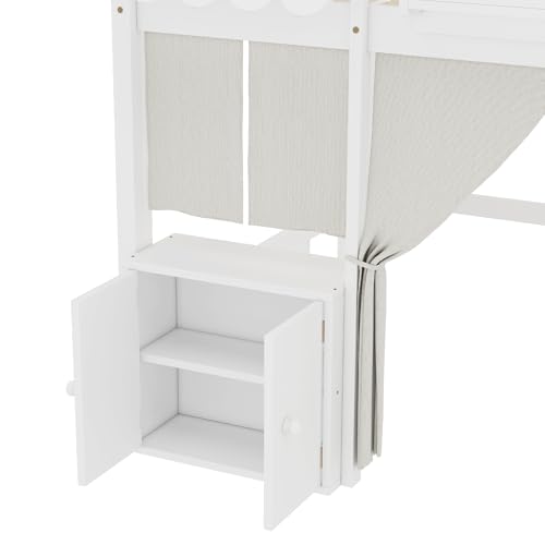 Image of Full Loft Bed with Built-in Bookshelf, Curtain, Storage Shelf and Amusement Park-Inspired Playful Design Safety Guardrails, Fairy Tale Cottage Kids Bed (White5, Full)