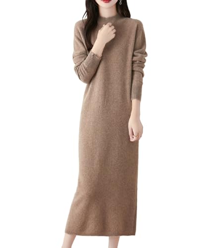 100% Merino Wool Sweater Dress Women's Long Sleeve Mock Neck Ribbed Jumper Fall Winter Knitted Long Tops