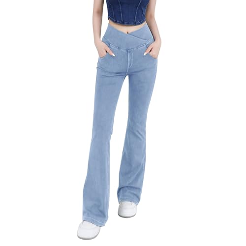 Womens Slim Fit Flare Leg Flared Denim Bootcut Jeans Crossover High Waisted Stretchy Tummy Control Full Length Wide Leg Palazzo Bell Bottom Workout Bootleg Activewear Trousers with Pocket