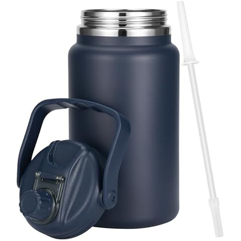 Olerd 1 Gallon Thermosflask with Straw, 135oz Stainless Steel Insulated Water Bottle，4L Oversized Double Wall Vacuum Jug with Handle for Hot Cold Drinks, Wide mouth Icebuckets for Hiking Sports(Blue) Cover