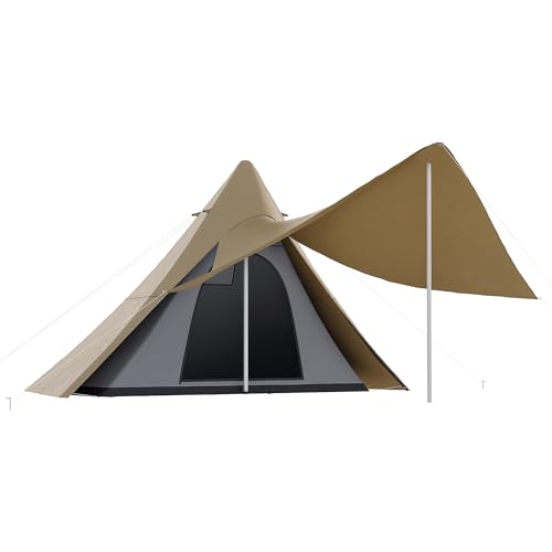 Outsunny 15.4'x15.4'x8.5' Teepee Tent, Waterproof Camping Tent with Porch Area, Floor and Carry Bag, for 2-3 Person Outdoor Backpacking Camping Hiking, Coffee
