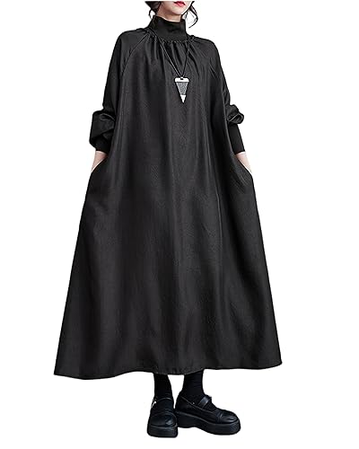 ellazhu Women's Fall Oversized Turtleneck Loose Long Sleeve Pullover Solid H-Line Maxi Dress GY2820 - Main Image
