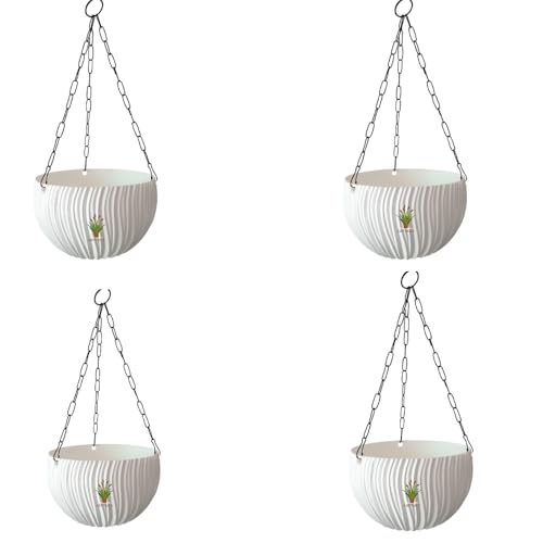 Image of Hanging Flower Pots with Chain - Set of 4 | Eco-Friendly White Plastic Planters for Balcony, Indoor & Outdoor Use | Round Ribbed Design (White, 4 Pieces)