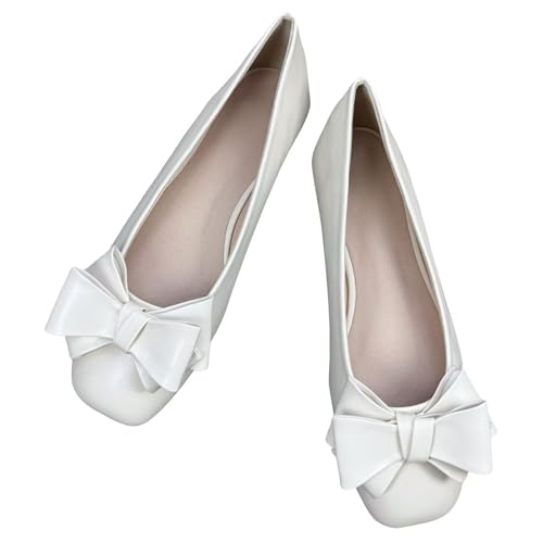 Stunner Cute Ballets Flats for Women Big Bowtie Square Toe Candy Color Slip on Dressy Flat Shoes