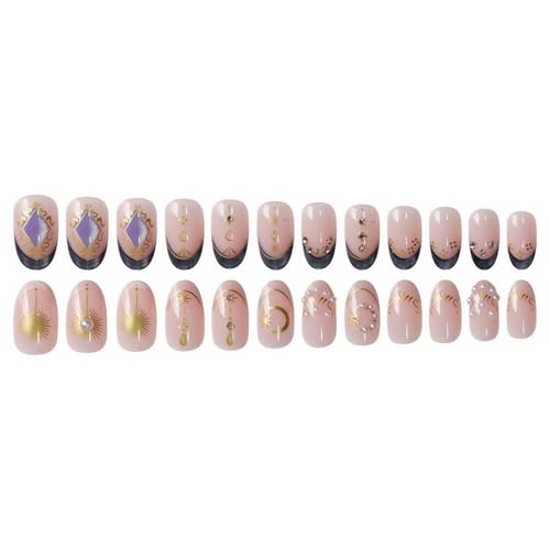 Image of French Tip Press on Nails Gold Fake Nails with Pearl Design Nude Glue on Nails Medium Almond False Nail Glossy Full Cover Artificial Acrylic Glitter Stick on Nail for Women Girls Manicure 24Pcs