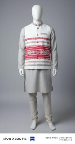 Generic White Ethnic Nehru Jacket with Red Embroidery - Image 4