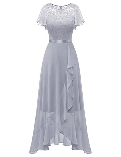 BeryLove Formal Dresses for Women Wedding Guest Ruffle Short Sleeve Elegant Cocktail Bridesmaid Party Prom Homecoming Dress High Waist Lace Long Evening Gown 51 Grey M