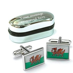 Novelty WALES WELSH FLAG EMBLEM Cufflinks wih Personalised Chrome case Engraved Free by Personalised FREE