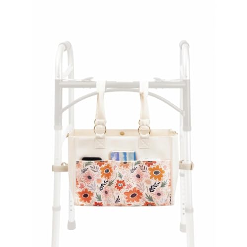 BLEWAY Extra Large Walker Tote Bag,Walker Bag, Suitable for Folding Walkers, Multi-Pocket Walker Accessories Bag, Wheelchair Accessories Storage Bag(Flower)