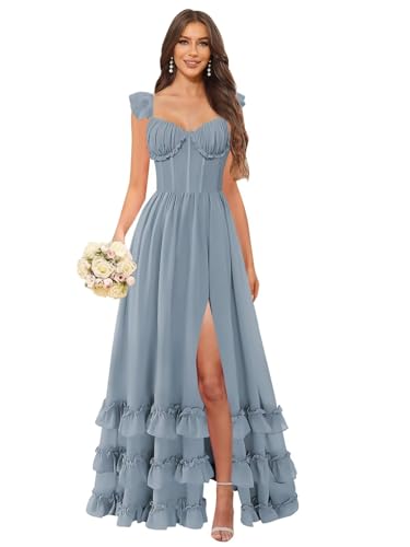 MAGGCIF Flutter Sleeve Bridesmaid Dresses for Women with Slit Ruffles Chiffon A Line Long Formal Wedding Guest Dress