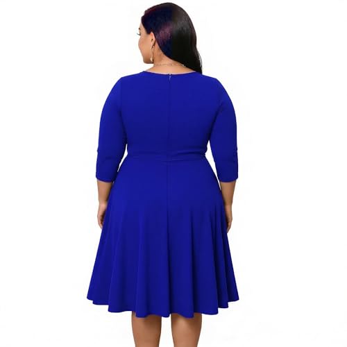 Image of Womens Plus Size Dresses Faux Wrap Summer Dress 3 /4 Sleeves V Neck 1950s Retro Vintage Wedding Party Midi Dress