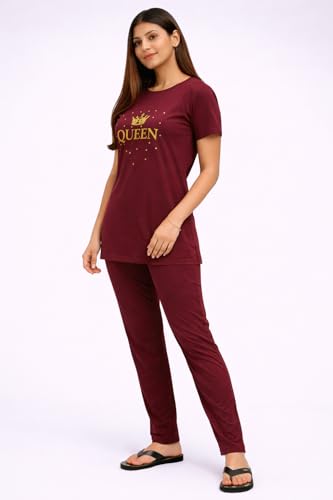 Image of KIAWAH Women's Cotton Night Suit, Long Top and Pajama Set, Round Neck, Short Sleeve,