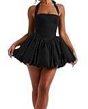 UAURORAO Women Halter Bubble Ruffle Mini Dress Coquette Backless Puffy Corset Dress Short Cocktail Homecoming Dresses(Bow Black,Small)