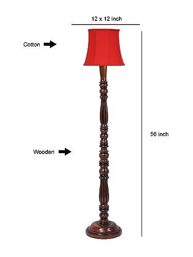 Image of Cylindrical Drum Floor Lamp with Wooden Base - Height 57 Inches, Red | Modern Standing Lamp for Home, Living Room, Bedroom & Office | Elegant Lighting Decor | Cotton