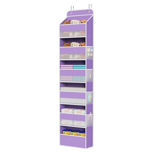 Image of Univivi Over The Door Hanging Organizer with 6 Large Compartments and Mesh Windows, Over The Door Baby Clothes Organizer for Cosmetics, Baby Essentials and Diapers (Purple)