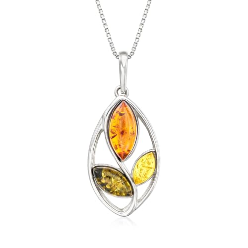 Ross-Simons Multicolored Amber Leaf Pendant Necklace in Sterling Silver. 18 inches