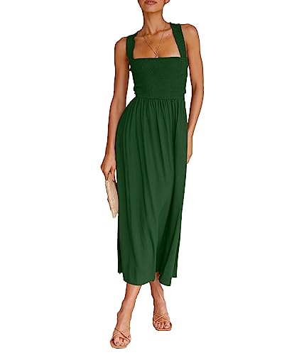 Image of Sexyshine Women's Square Neck Halter Lace Up Criss Cross Maxi Dress Tie Back Sleeveless Smocked Ruched A Line Dress