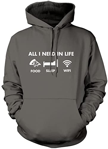 HotScamp All I Need In Life Food Sleep WIFI Unisex Adults and Kids Hoodie - Funny Millenial Teenager Gamer Lazy Grey 12-13 Years
