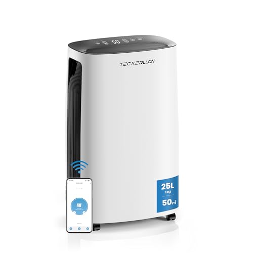 TECXERLLON Deumidificatore Elettrico 25L, 50㎡(150m³), con App e Pannello Touch, Serbatoio 3,7L, Scarico con Tubo, Silenzioso 47dB, Timer 24H, Blocco Bambini, Garanzia 3 Anni