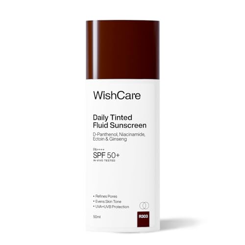 Image of WishCare Daily Fluid Tinted Sunscreen SPF50 PA++++ | R303 | Broad Spectrum Protection for all skin types | In-Vivo Tested Tinted Sun Screen | D-Panthenol, Niacinamide, Ectoin & Ginseng | Evens & Protects | 50ml