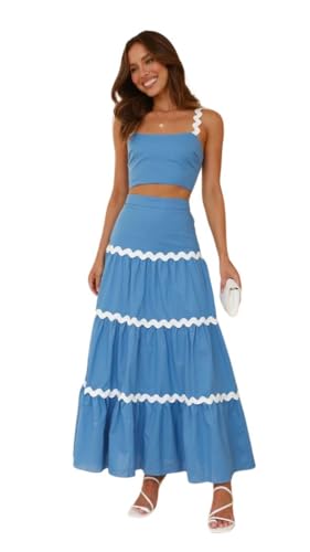 utcoco Womens Skirt Sets 2 Piece Outfits Wave Stripe Sleeveless Cropped Tank Top High Waisted Maxi Skirt Set