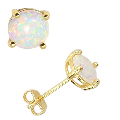 14K Yellow Gold Filled Sterling Silver 3/4/5/6MM Fire Opal Gemstone Stud Earring for Women Men, Color White - Blue - Pink - Green - Black