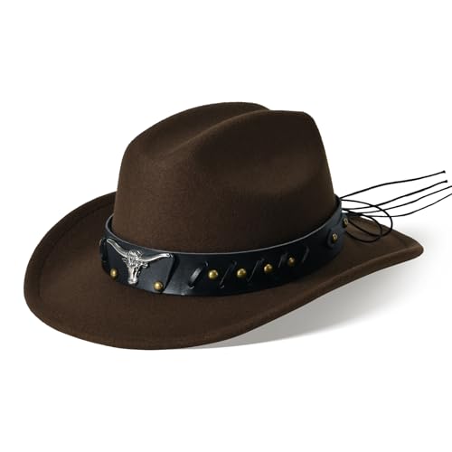 Image of Willheoy Kids Cowboy Hat for Girls Boys Western Cowgirl Hat with Buckle Belt Unisex Wide Brim Fedora Hat Dress Up Costume