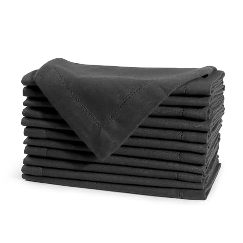 Image of FINGERCRAFT Hemstitched Cotton Table Napkins - 20x20 Inch, 100% Cotton Cloth Napkins with Faggoting Stitching - Durable & Elegant for Parties (Black, Set of 12)