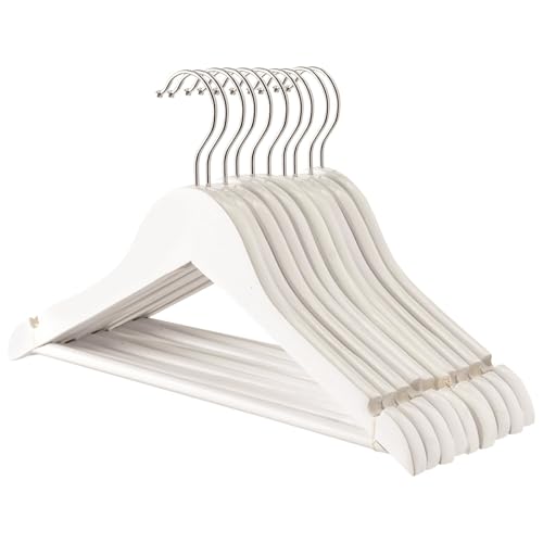 Harbour Housewares Wooden Coat Hangers - White - 10x Clothes Hangers with Round Trouser Bar and Non Slip Shoulder Notches Kids Wooden Hangers for Jacket, Suit, Jumper, Dress Wardrobe Storage
