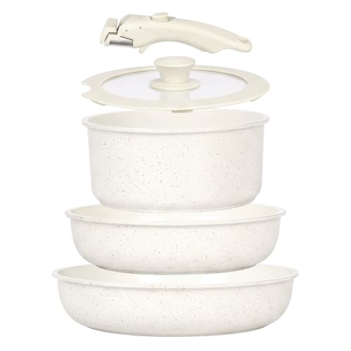Asnews 5-Teilig Topfsets & Pfannenset mit abnehmbarem Griff, Keramik Antihaft Kochgeschirr Set Induktion, Stapelbar Topfset & Ofenfest, Ideal als Camping Kochgeschirr, PFOA-Frei, Beige