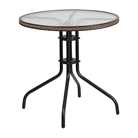 Flash Muebles 28 "Mesa de Metal de Cristal Templado con Borde de ratán Color marrón Oscuro Cover