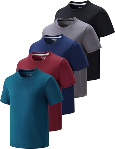 Image of 5 Pack Youth Boys Athletic Dry Fit T Shirts | Lightweight Short Sleeve Tees, Comfy Stretch, Regular Fit, for Teen Kids, Running Soccer Back to School