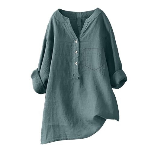 Linen Shirts for Women 3/4 Sleeve V Neck Blouses Buttons Plus Size Loose Fit T-Shirts Solid Color Summer Holiday Tops