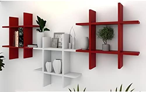 Image of Wooden Plus Style Dazzling Wall Rack Shelves Set MDF -Medium Density Fiber Home Decoration Wall Decor (Red White, Plus Style 3)