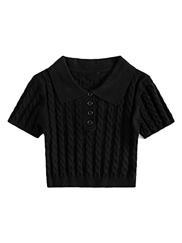 Image of Verdusa Women's Button Front Short Sleeve Cable Knit Crop Top Pullover Sweater