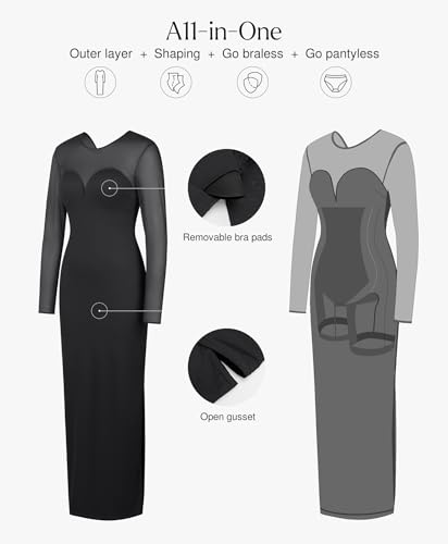 Popilush Long Sleeve Prom Maxi Dress for Women Mesh Shapewear Bodycon Dress Fall Tight Fitted Party Wedding Long Dresses3