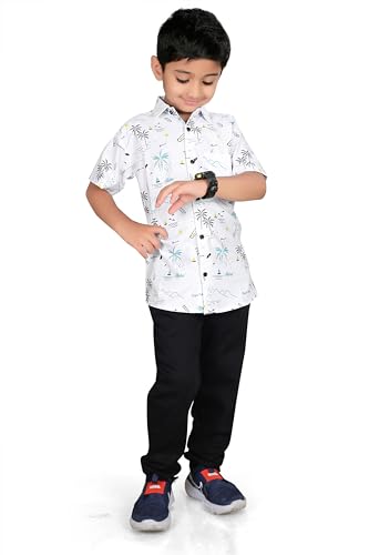 Image of Vikita Enterprise Kid Boy's Cotton Hawaiian Tropical Printed Shirt with Spread Collar Neck Half Sleeves Button Closure Curved Length | Shirt For Kids Boys | 3652