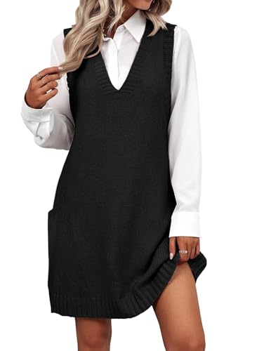 open lace back dress Zeagoo Women's Oversized Sweater Vest Dress V Neck Knit Pullover – ZEAGOO main image 1